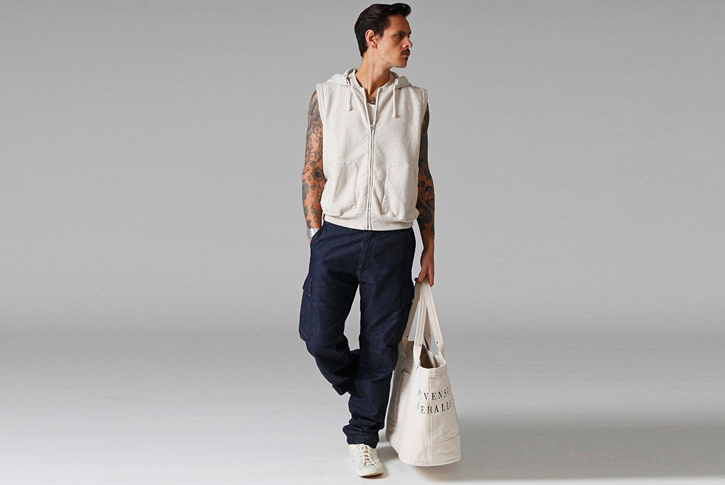 Stevenson-Overall-Co.-Releases-Their-Weekend-Warrior-Lookbook-white-shirt-and-dark-blue-pants-2