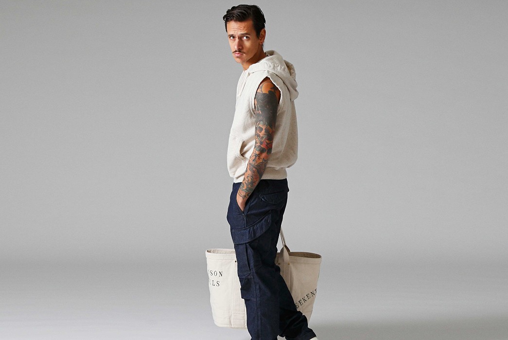 Stevenson-Overall-Co.-Releases-Their-Weekend-Warrior-Lookbook-white-shirt-and-dark-blue-pants