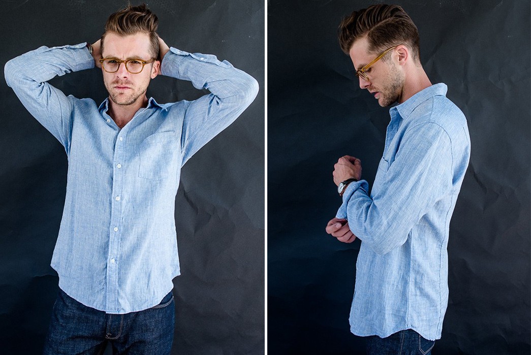 Corridor-NYC-Keeps-Things-a-Cool-Blue-With-Their-Washed-Linen-Shirt-model-front-side