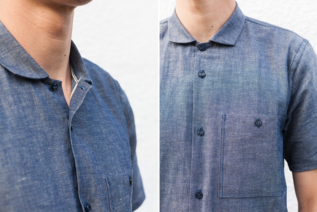 Grease-Point-Workwear-Indigo-Linen-Chambray-Shirt-fronts-detailed