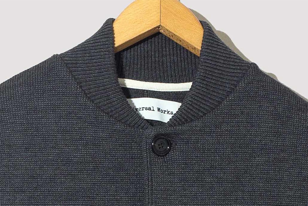 Universal-Works-Mixes-Chore-Coat-and-Cardigan-in-Their-Merino-Knit-Work-Jacket-charcoal-front-collar-