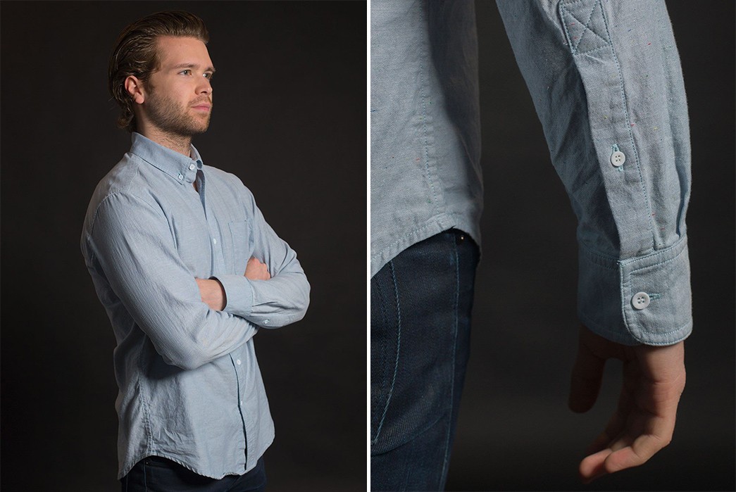 Stock-MFG-Co.-Blue-Fleck-Button-Down-Shirt-model-side-and-sleeve