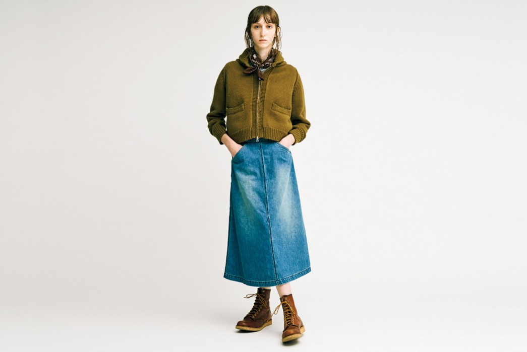 The-North-Face-Purple-Label-Fall-Winter-2017-Lookbook-female-green-shirt-and-blue-skirt