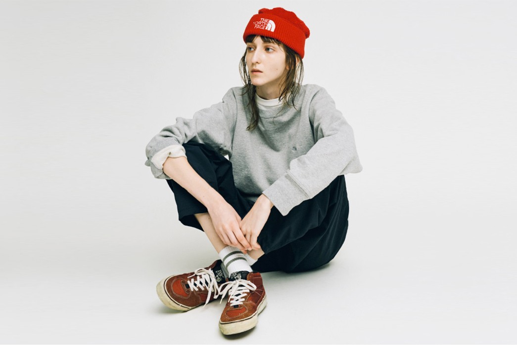 The-North-Face-Purple-Label-Fall-Winter-2017-Lookbook-female-in-red-cap-and-grey-shirt