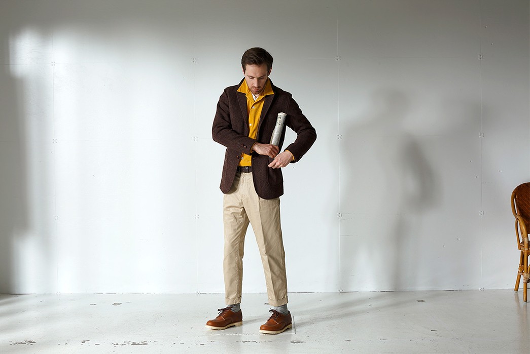 Beams-Plus-Channels-The-Beat-Generation-for-Their-Fall-Winter-2017-Lookbook-brown-jacket-and-light-pants