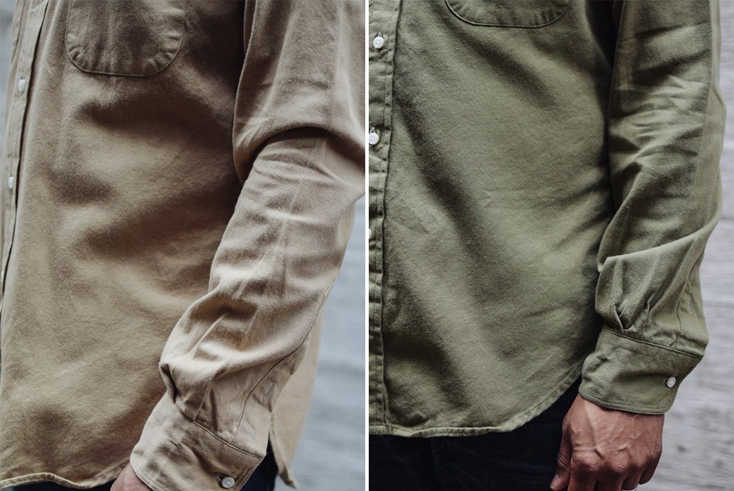 Gitman-Selvedge-Twill-Work-Shirt-tan-and-olive-side-sleeve