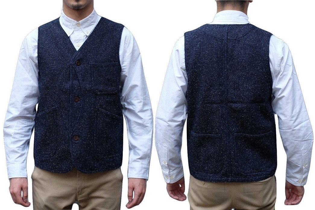 Momotaro-Indigo-Tweed-Hunting-Vest-model-front-back