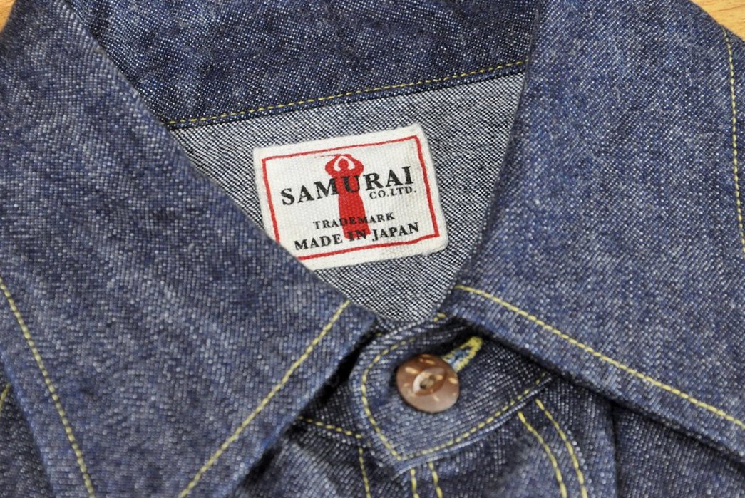 Samurai-10.5oz-Western-‘Blade-Star'-Denim-Shirt-front-collar-label