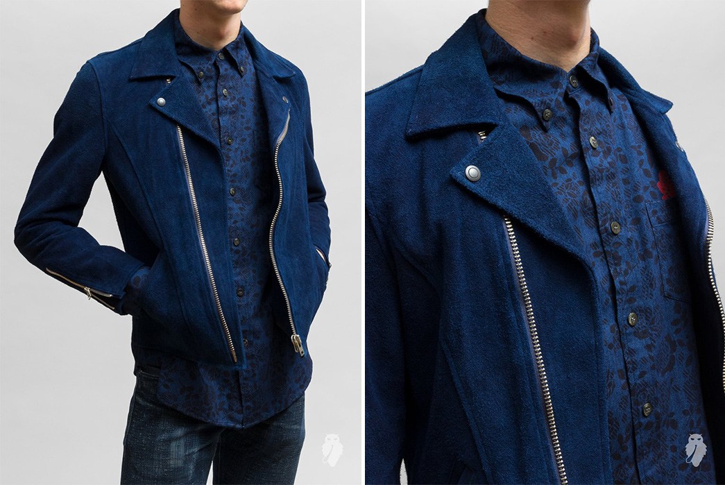 Blue-Blue-Japan-Indigo-Dyed-Suede-Double-Riders-Jacket-model-front-and-front-detailed