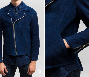 Blue-Blue-Japan-Indigo-Dyed-Suede-Double-Riders-Jacket-model-front-and-left-side