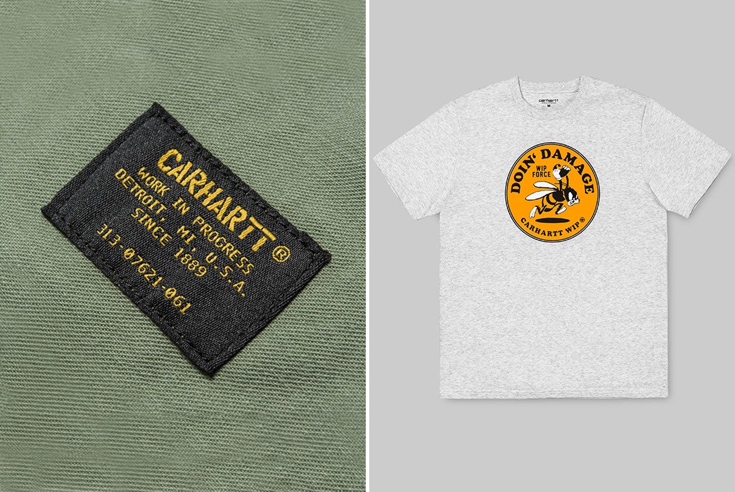 Carhartt---History,-Philosophy,-and-Iconic-Products-label-and-grey-t-shirt