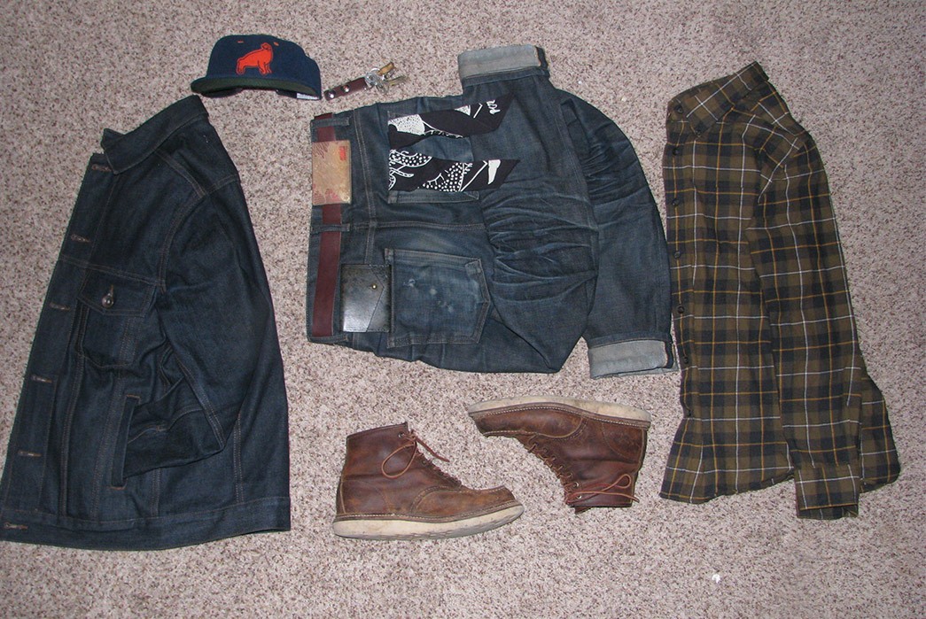 Fade-of-the-Day---Naked-&-Famous-Chinese-New-Year-Fire-Rooster-(8-Months,-1-Soak)-jacket-pants-boots-cap-and-shirt