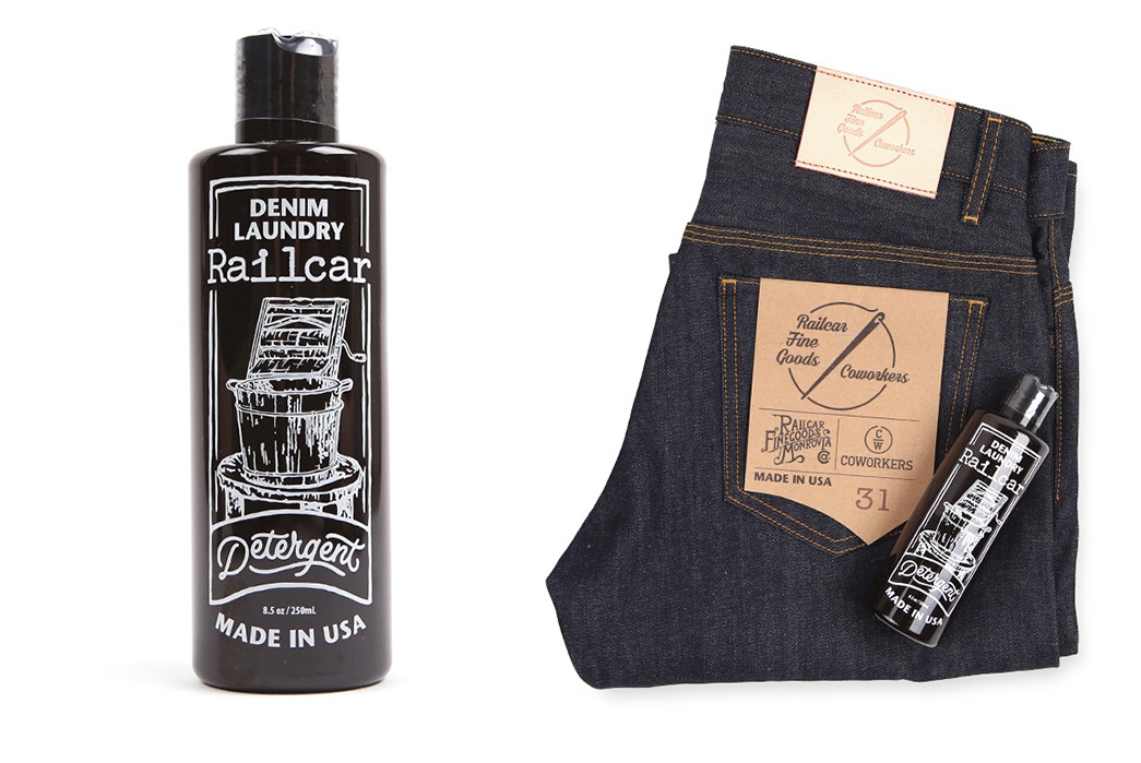 Railcar-and-Coworkers-Get-Together-Over-Deadstock-Cone-Mills-Denim-detergent-and-folded-jeans