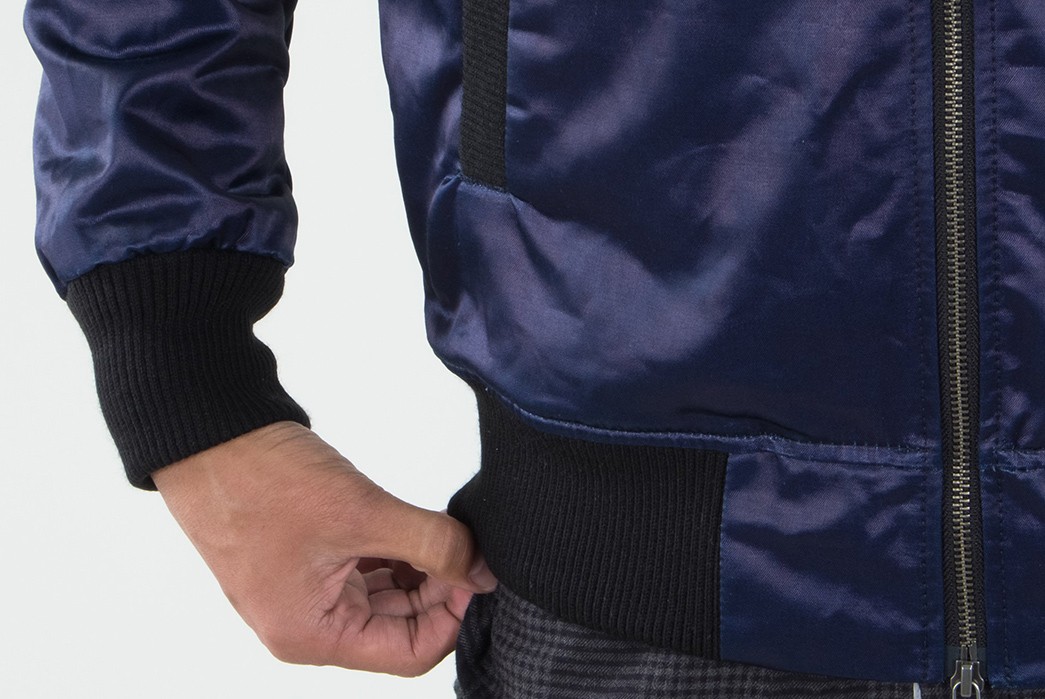 3sixteen-indigo-satin-stadium-jacket-model-front-sleeve-and-pocket