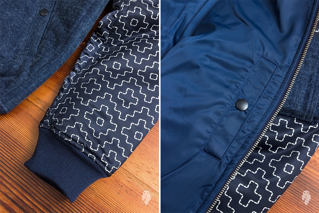 FDMTL's-Indigo-MA-1-Jacket-Uses-Reflective-Ink-front-open-and-sleeve