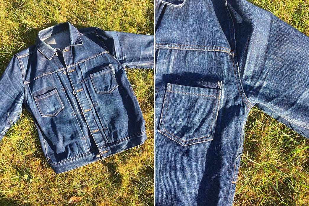 fade-of-the-day-a-p-c-work-jean-jacket-1-5-years-1-wash-2-soaks-front-on-grass-dan-left-side