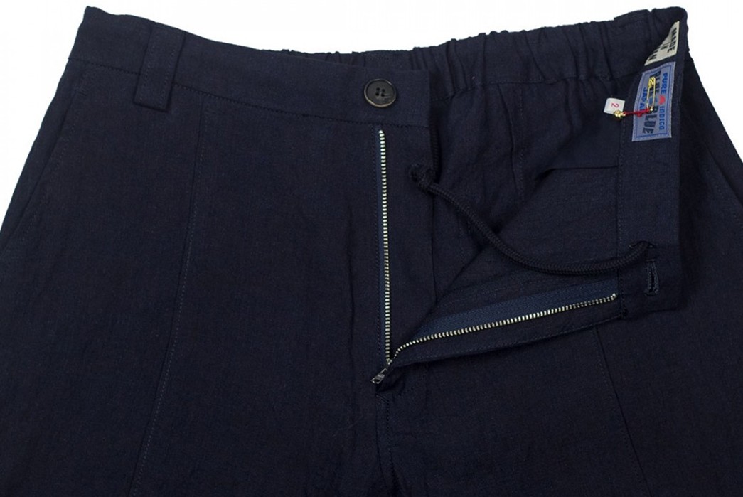 Blue-Blue-Japan-Indigo-Dyed-Linen-Chambray-Center-Seam-Easy-Pants-front-top-open-one-side