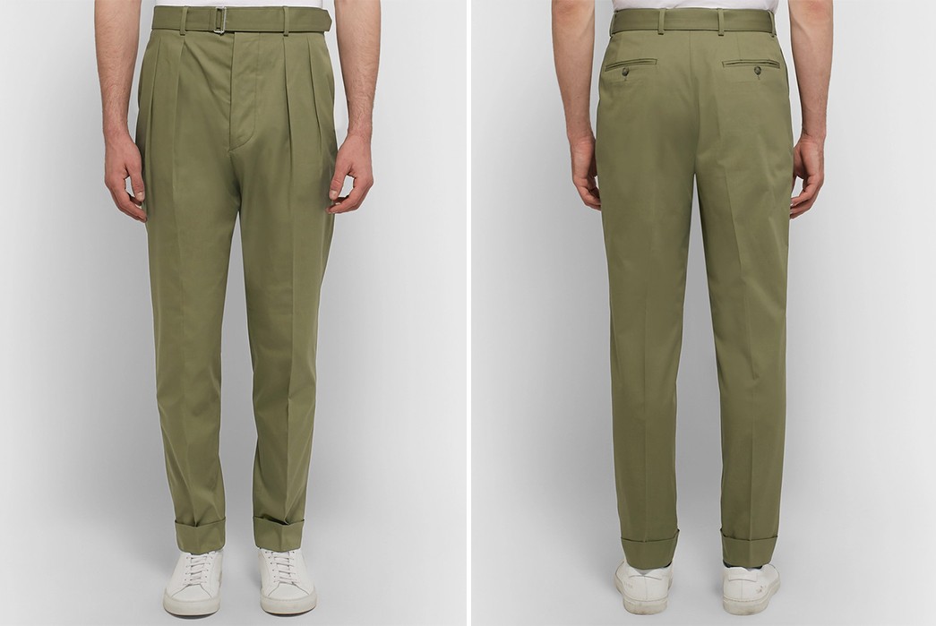 pleated-chinos-five-plus-one-plus-one-officine-generale-twill-chinos-on-olive-front-back-model