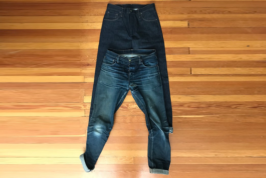 Fade-of-the-Day---Left-Field-Charles-Atlas-13-oz.-Cone-Mills-(2-Years,-1-Wash,-2-Soaks)-fronts-faded-and-new