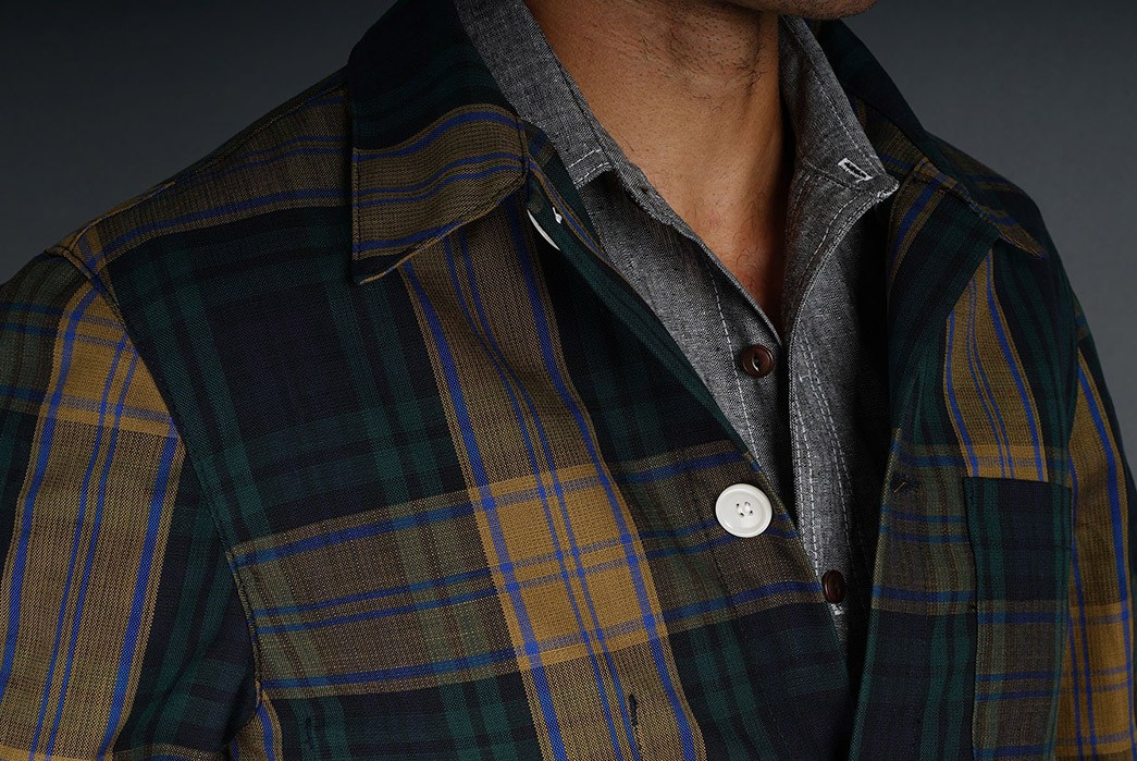Madras-Plaid-and-Silk-Blend-Together-for-a-Summery-Version-of-Epaulet's-Doyle-Jacket-model-front-top-collar
