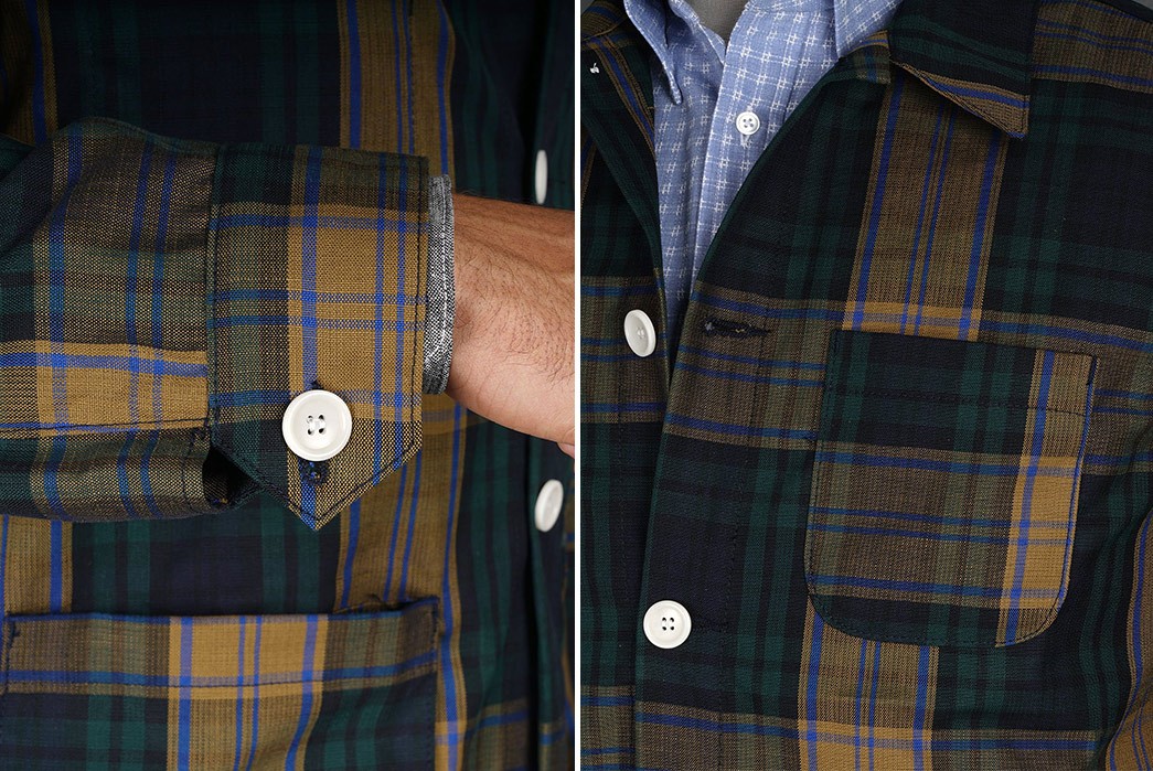 Madras-Plaid-and-Silk-Blend-Together-for-a-Summery-Version-of-Epaulet's-Doyle-Jacket-model-sleeve-and-front-buttons