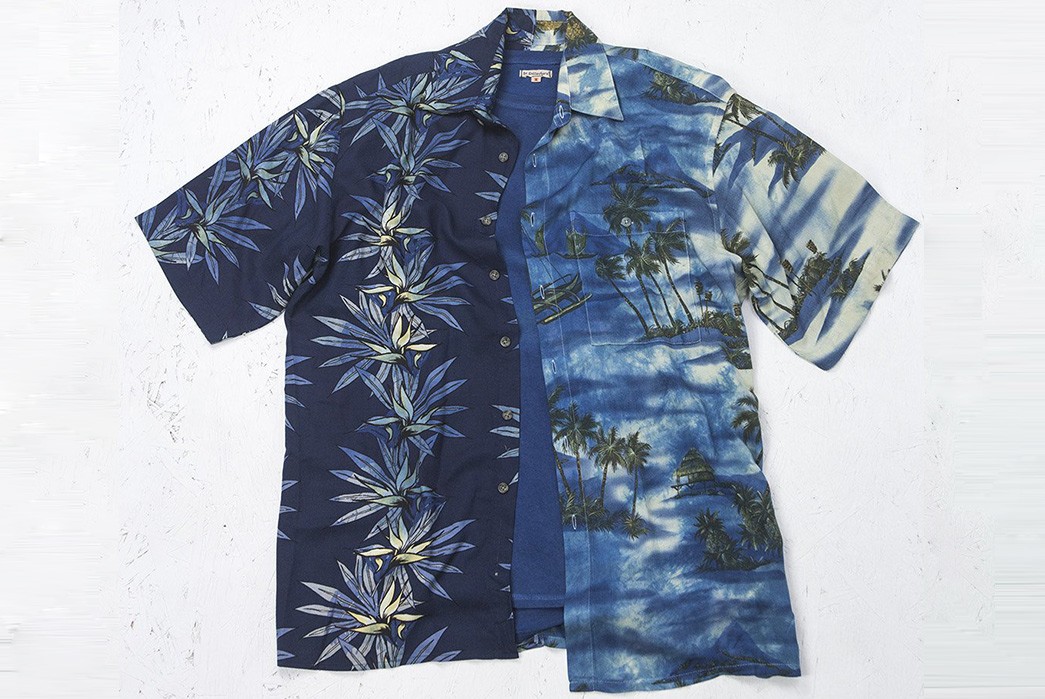Dr.-Collectors-Split-Aloha-Shirts-blue-flowers-and-palms