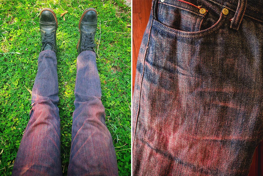 Fade-of-the-Day---Naked-&-Famous-Red-Core-Weird-Guy-(7-Months,-2-Washes,-2-Soaks)-model-front-and-right-top-pockets