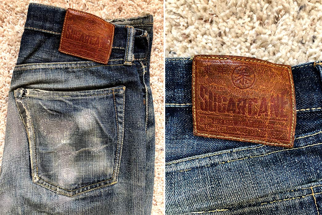 Fade-of-the-Day---Sugar-Cane-x-Self-Edge-SEXSC06-(3-Years,-3-Washes,-1-Soak)-back-folded-and-back-leather-patch
