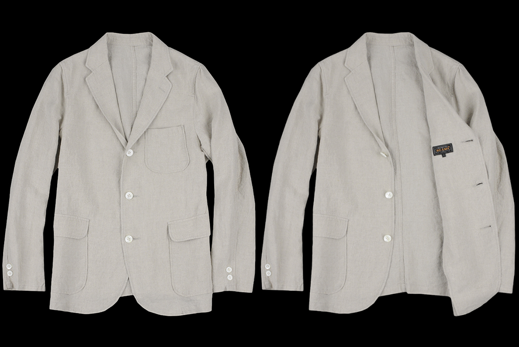 Linen-Blazers---Five-Plus-One-1)-Corridor-NYC-Ticking-Stripe-Linen-Blazer-5)-Beams-Plus-Linen-Shirt-Jacket-in-Natural