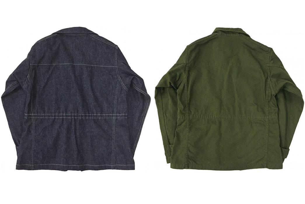 Samurai's-Latest-Updates-the-French-M47-Jacket-in-10oz.-Denim-back-blue-and-green