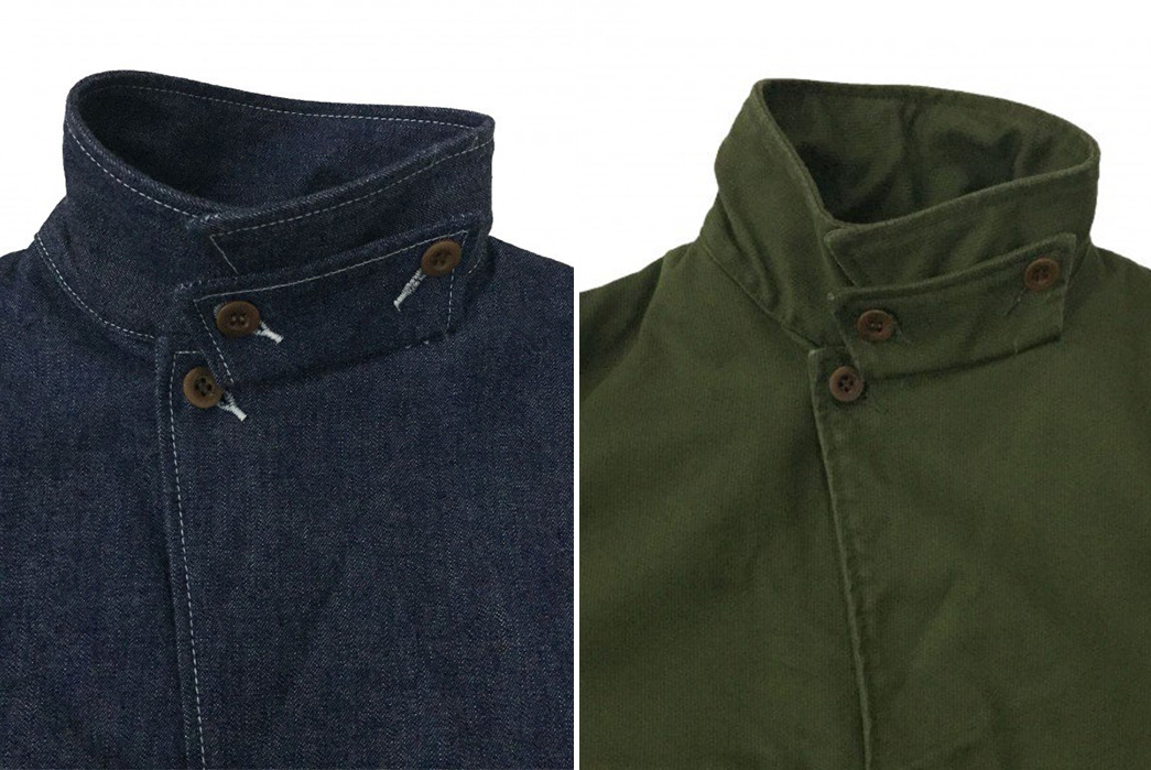 Samurai's-Latest-Updates-the-French-M47-Jacket-in-10oz.-Denim-front-blue-and-green-collar