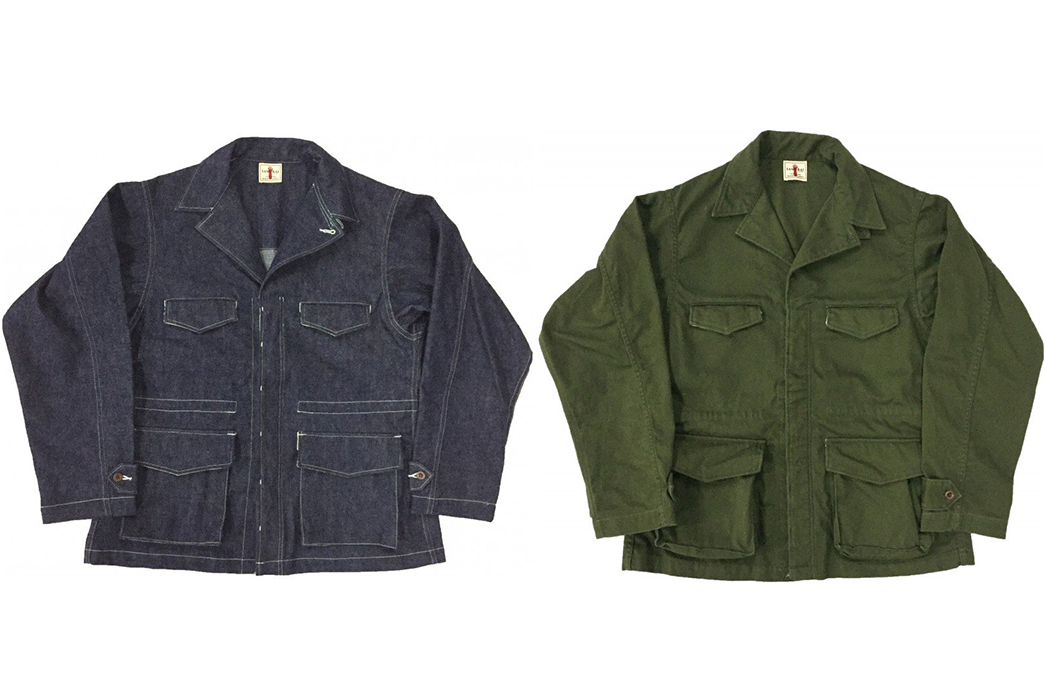 Samurai's-Latest-Updates-the-French-M47-Jacket-in-10oz.-Denim-front-blue-and-green