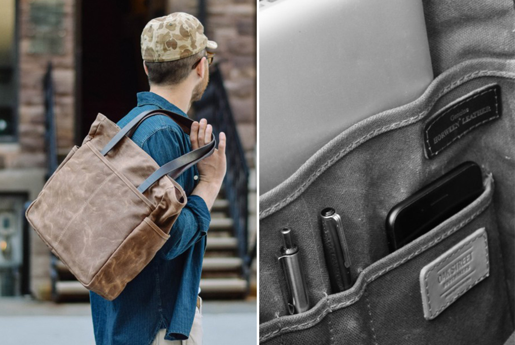 Oak-Street-Bootmakers-Waxed-Canvas-Utility-Tote-model-and-inside