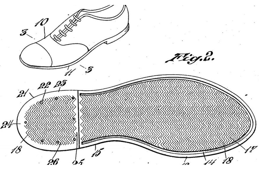 Sperry-and-the-Siped-Sole Diagram from Paul Sperry's patent application filed November 30, 1937. Image via Wikipedia.