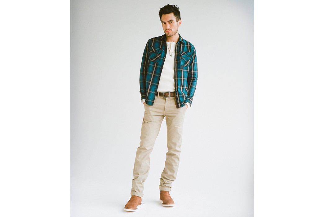 3sixteen-FW18-Lookbook-male-model-in-blue-jacket-and-white-pants