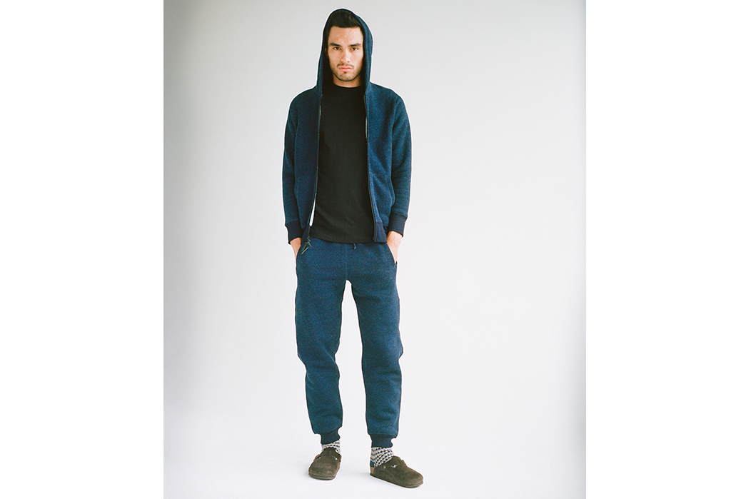 3sixteen-FW18-Lookbook-male-model-in-dark-blue-with-hood
