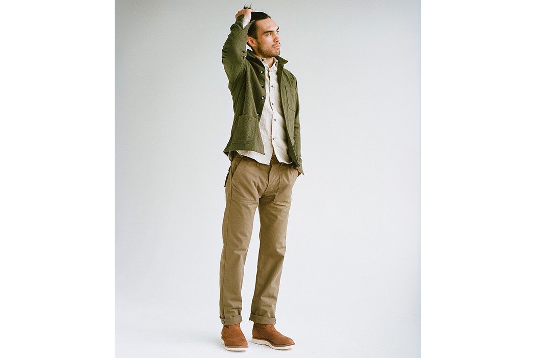 3sixteen-FW18-Lookbook-male-model-in-green-jacket-and-white-pants
