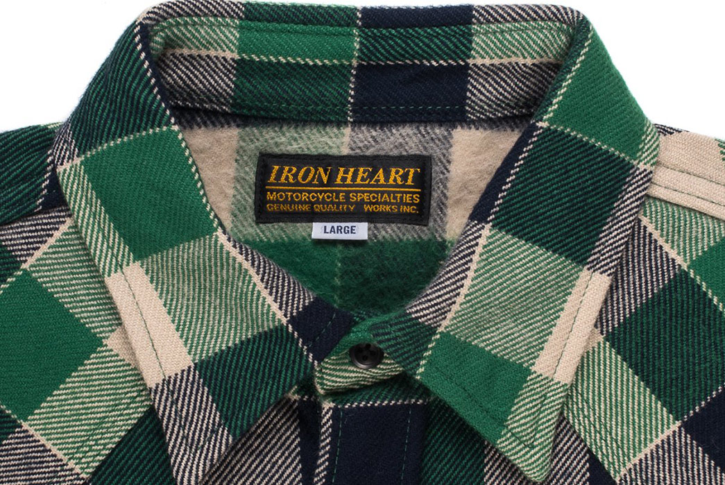 Fall-is-Back-and-so-are-Iron-Heart's-Ultra-Heavy-Flannels-front-collar-green