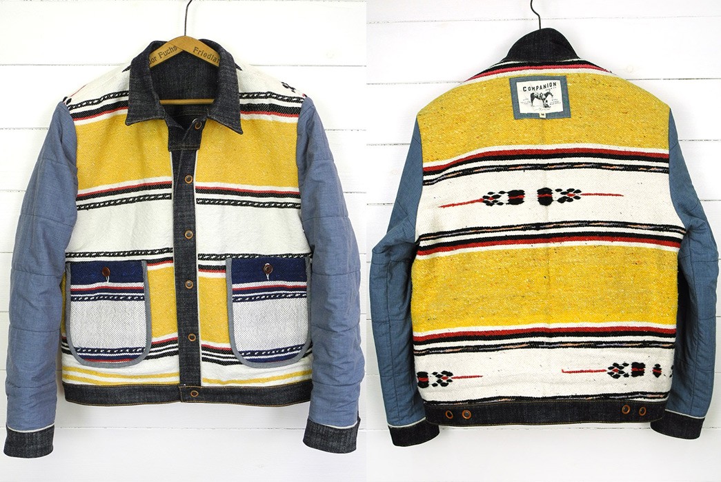 Traditional-Wool-Moroccan-Blankets-Line-Companion's-Newest-Trucker-Jacket-yellow-front-back