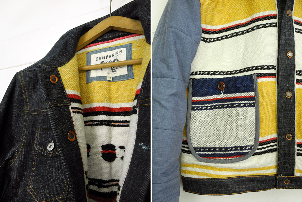 Traditional-Wool-Moroccan-Blankets-Line-Companion's-Newest-Trucker-Jacket-yellow-outside-and-inside