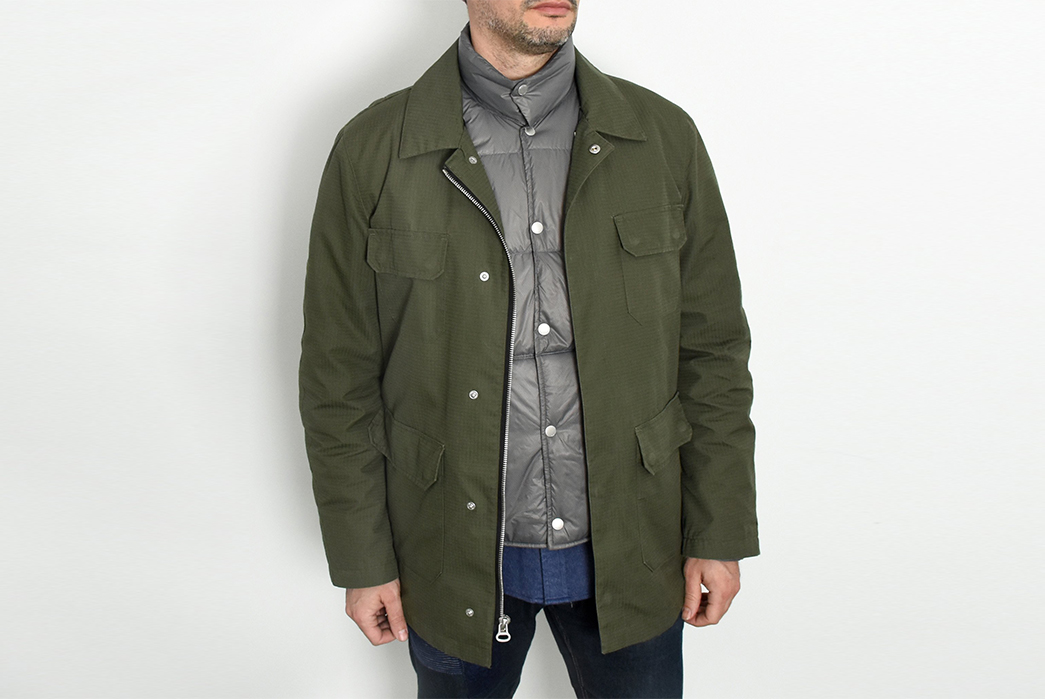 American-Trench-Down-Jacket-grey-front-with-green-jacket-over