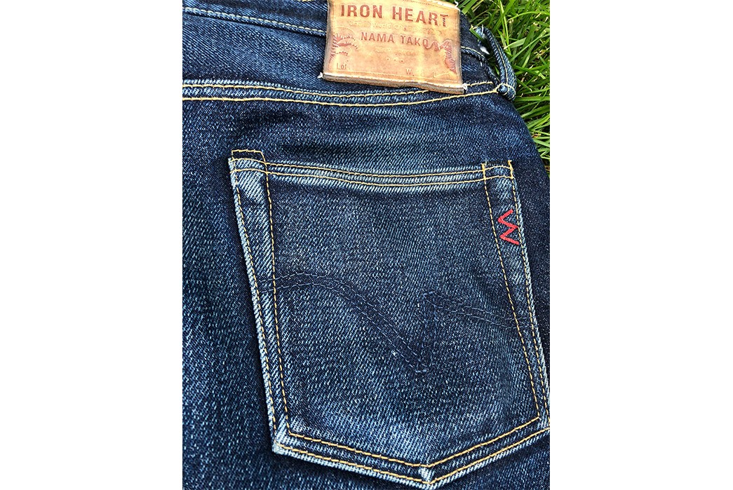 Fade-of-the-Day---Iron-Heart-888NT-(11-Months,-1-Wash,-3-Soaks)-back-pocket-and-leather-patch