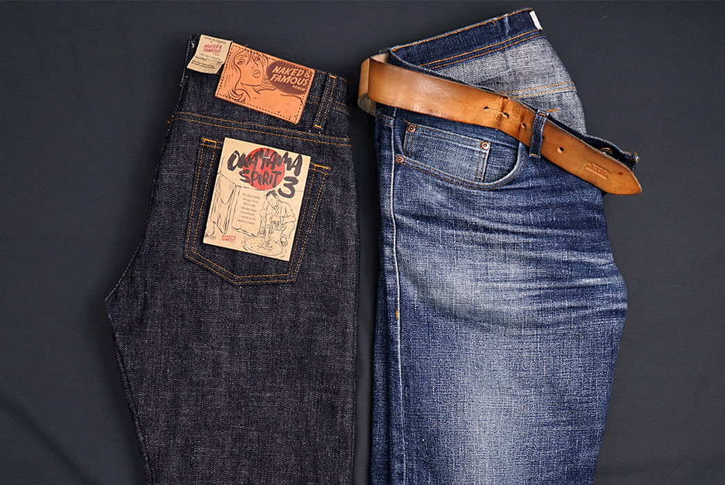 Fade-of-the-Day---Naked-&-Famous-Weird-Guy-Okayama-Spirit-3-(10-Months,-3-Washes,-1-Soak)-black-and-blue-side