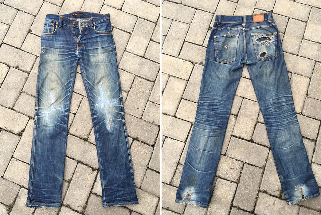 Distant Mourn Assimilation Nudie Slim Jim Dry Ecru Embo (7 Years, 4 Washes) - Fade of the Day