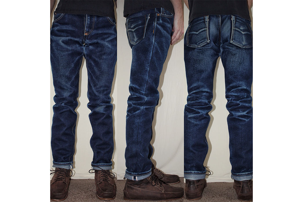 Fade-of-the-Day---Pedestrian-Denim-Custom-32-oz.-(1-Year,-5-Washes)-model-front-side-back