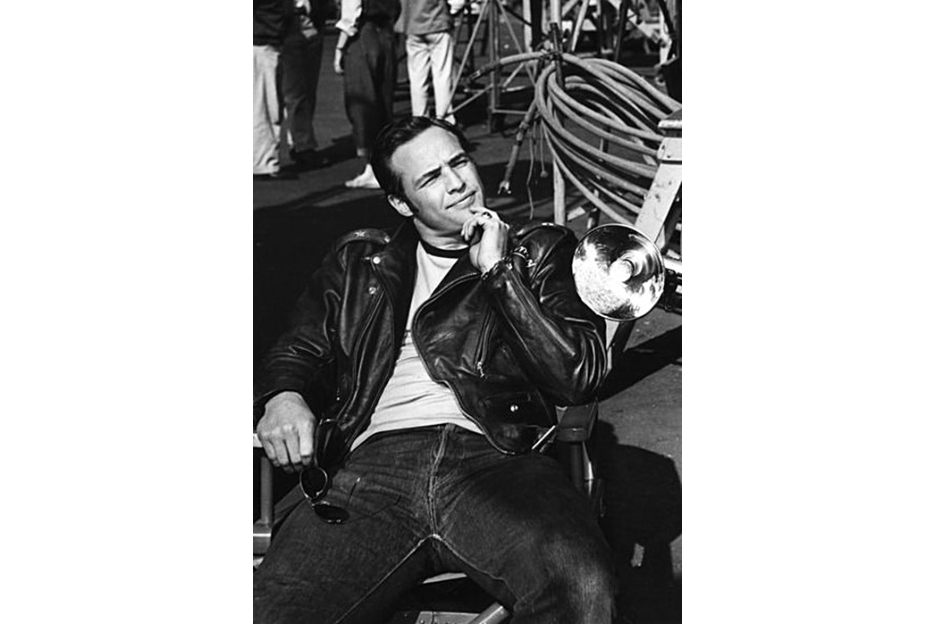 Leather-Jackets-Beyond-the-Schott-Perfecto Marlon Brando in his Perfecto on the set of The Wild One.