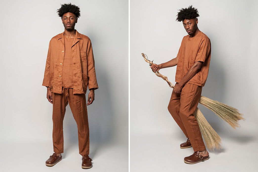 Monitaly-SS19-Lookbook-male-in-orange-with-broom