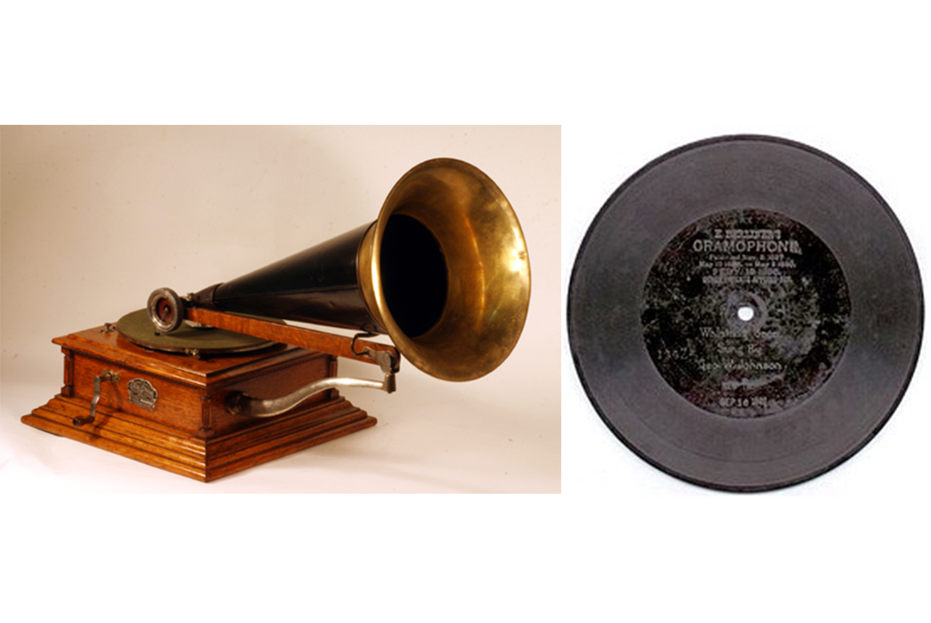 Getting-in-the-grooves-A-Beginner's-Guide-to-Vinyl-Records-A-hand-cranked-Berliner-Gramophone-via-Keith-Wright-(left)-and-an-original-Berliner-Gramophone-7-disc-via-Wikipedia