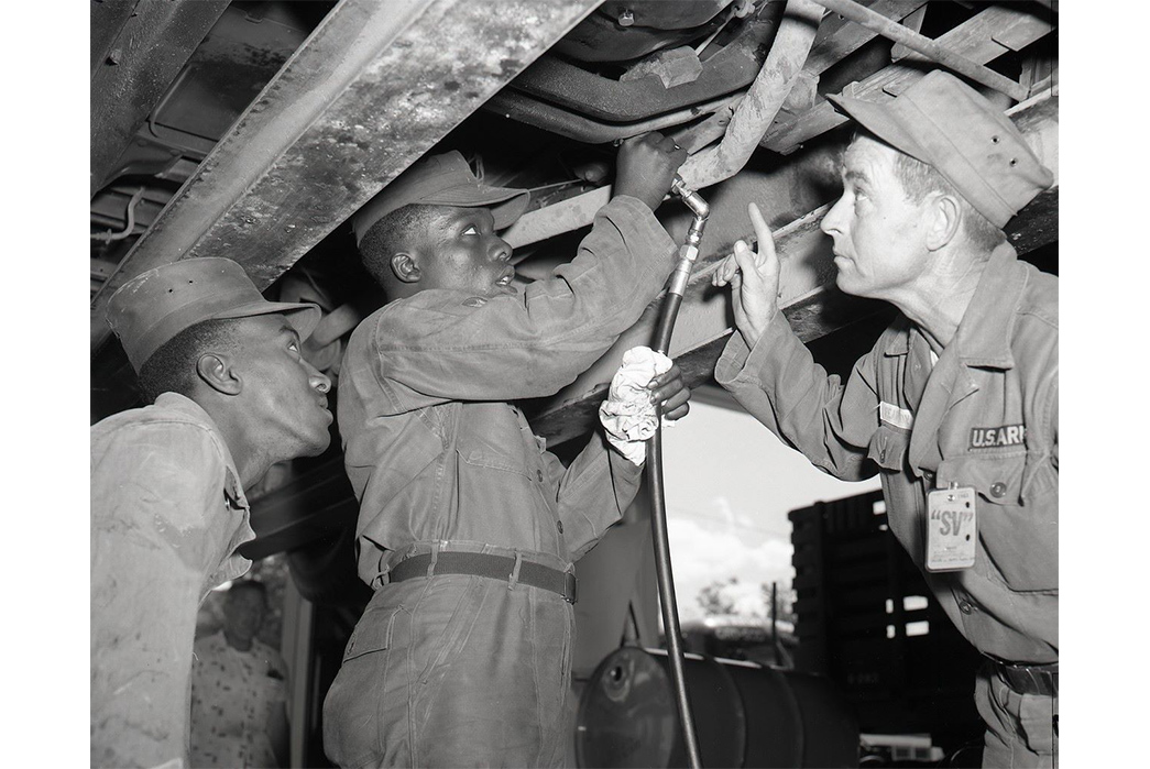 Soldiers working at the Sierra Army Depot in California. You can make out the waist adjusting tab on the OG-107's of the soldier in the center. Image Via California Military Department Historical