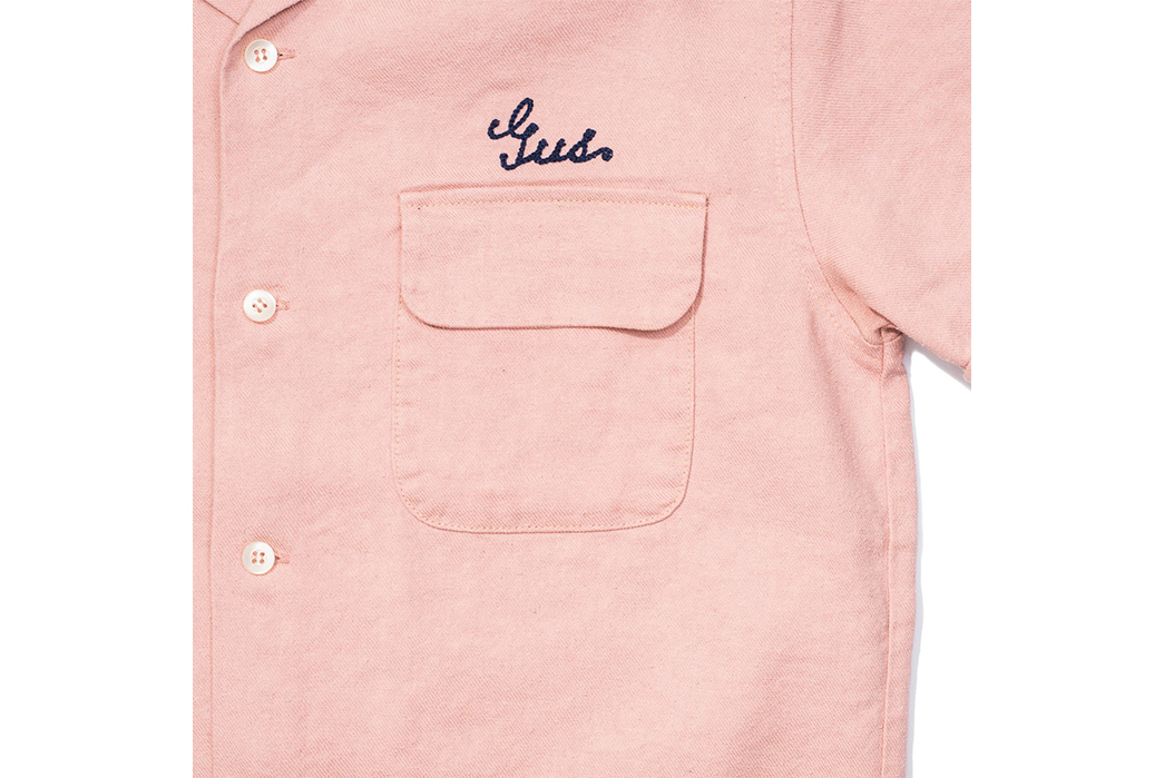 Pherrow's-Strikes-Up-Their-50s-Inspired-Bowling-Shirts-in-Linen-and-Silk-front-pocket-and-sign-pink